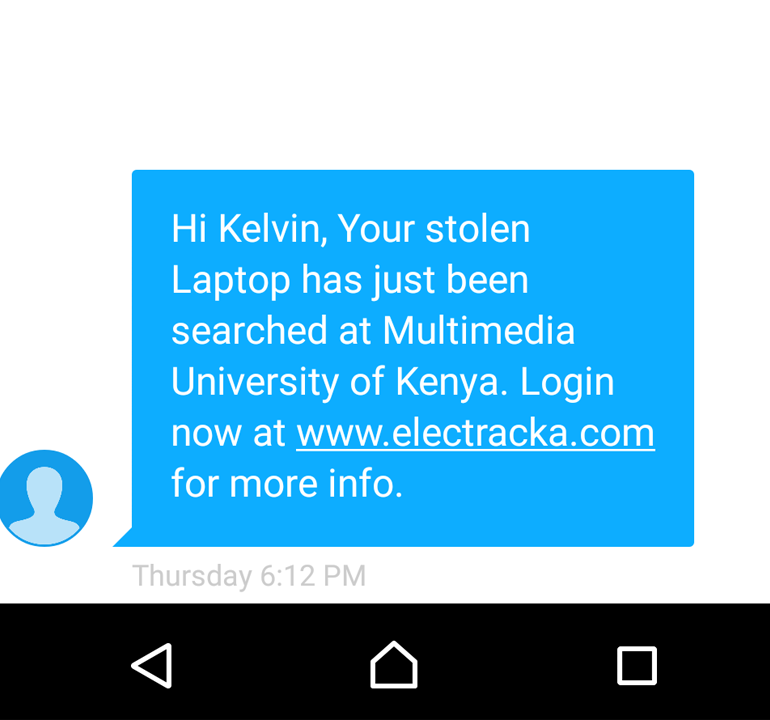 Recovered Laptop SMS Alert Screenshot